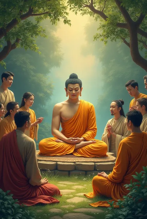 A picture of the Buddha preaching the Dhamma to the people