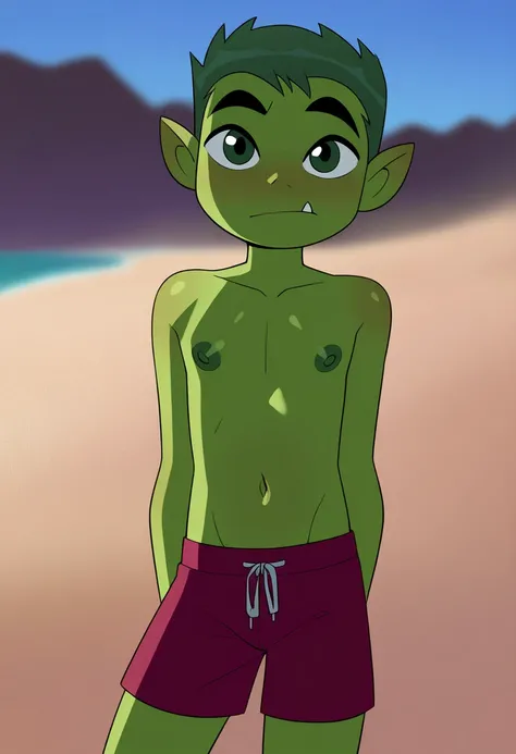 masterpiece, best quality, very aesthetic, absurdres,
1boy, beastboy, green hair, short hair, green eyes, green skin,
standing,
topless, fang, swim trunks, looking at viewer, solo, sea, sand, blue sky, beach background,    Nipples, dark, green nipples, dar...