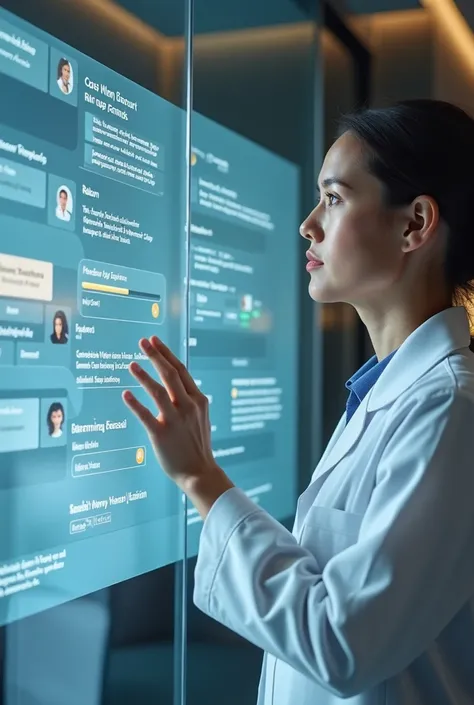  Doctor in a modern white coat in an elegant office ,  interacting with a large transparent glass screen that shows a patient management panel in action:  consultation timeline , return reminders ,  exam results and feedback being followed up . Modern inte...