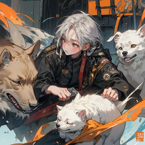  Small silver dog in firefighter appearance 、Small Shiba Inu in combat uniform 、Kitten sleeping with a combat uniform in the foreground、 anime style、 Big dog howling in the background 、「ZNS」Logo、oil field 