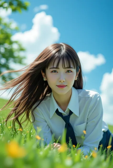 Sexy beautiful Japanese woman, a self defense officer uniform, wearing a white short-sleeved shirts, navy blue tie, navy blue pencil skirt, a Woman lying face down on the lawn, she looks at the viewer and smiles, The sun is shining, blue sky, brown hair, b...