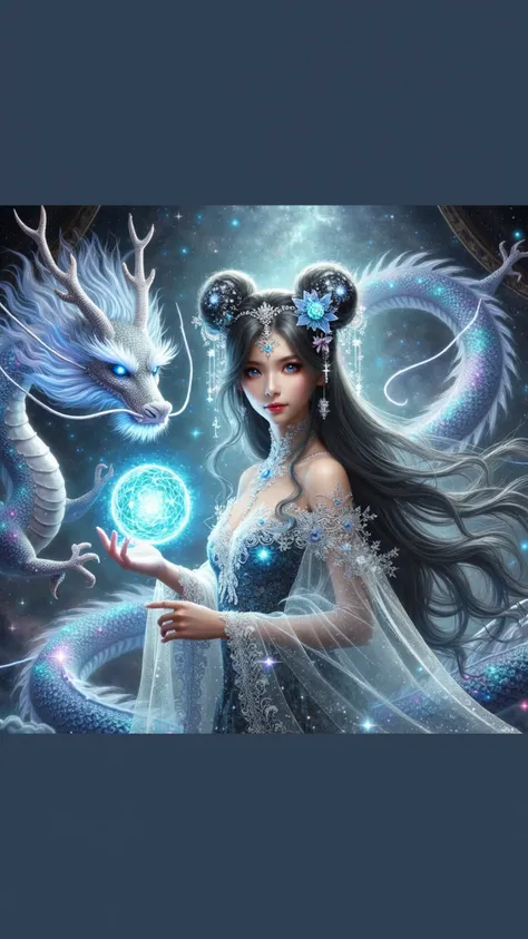 A breathtaking, ethereal celestial fairy stands gracefully in a vast cosmic expanse, holding a glowing energy orb in her hand. Her sapphire-blue eyes shimmer with an unparalleled depth, glowing with divine wisdom, warmth, and celestial beauty. Her delicate...