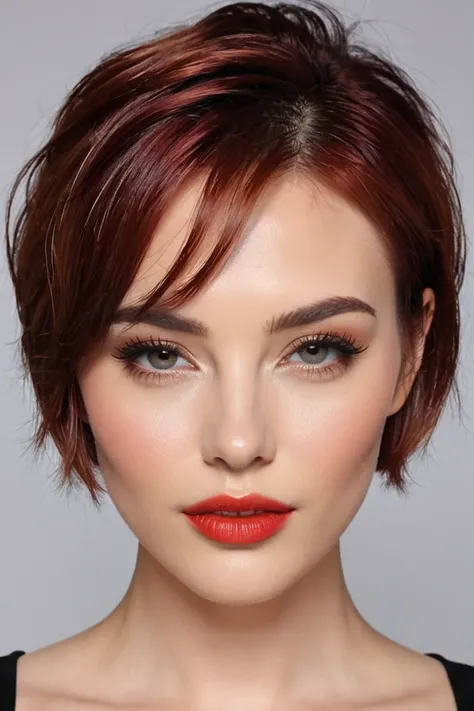 Give me the face of a beautiful woman,  with a deep and at the same time challenging look,  cheekbones pronounced,  shallow lips,  profiled nose eyebrows,  of fair skin, Short-haired and red-haired, with big boobs , very good figure