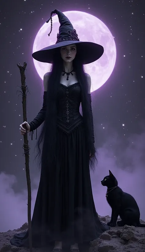 Galaxy in shades of black and purple with very subtle white stars. vintage witch with black hat with purple details, with black hair and pale moonlit skin with a black cat