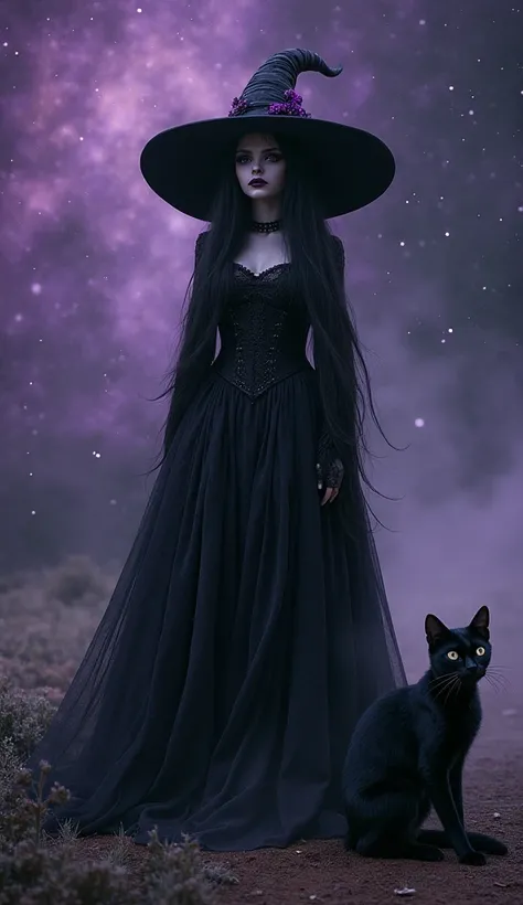 Galaxy in shades of black and purple with very subtle white stars. vintage witch with black hat with purple details, with black hair and pale moonlit skin with a black cat