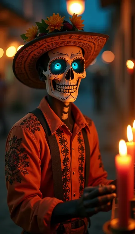 English mature man of 1.75 with a thin body wearing typical Day of the Dead clothes, blue eyes smiling without showing their teeth in a pantheon illuminated with candles and cempacuchitl flowers at night.