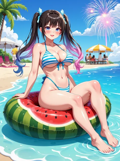 An anime girl in blue-white striped bikini sitting on watermelon float, gradient pink-blue twin tails blowing in seabreeze, summer festival beach with fireworks in background, Makoto Shinkai's cyan-orange palette with cel-shading, 8K vector lines, 0.3% mot...