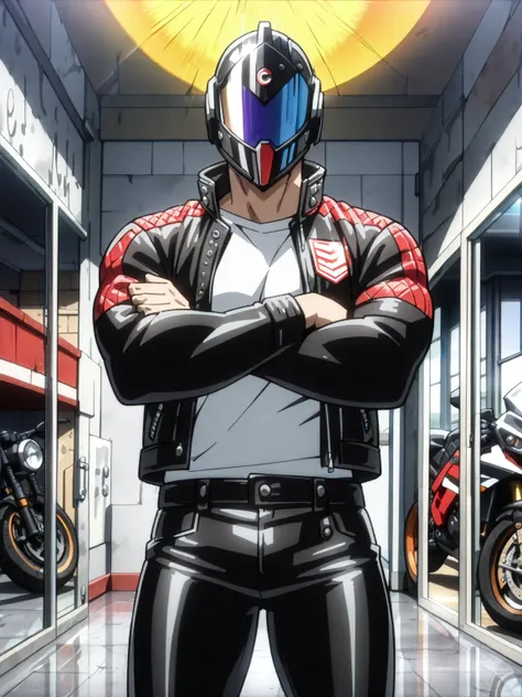 (masterpiece, best quality, anime, anime coloring:1.3, superhigh res). (((biker, muscular, in a large closed mirror AGV K-5 S MULTI , in a T-shirt, leather pants,  Mirrored Helmet, an unbuttoned black motorcycle jacket ,  stands with his arms crossed ,  lo...