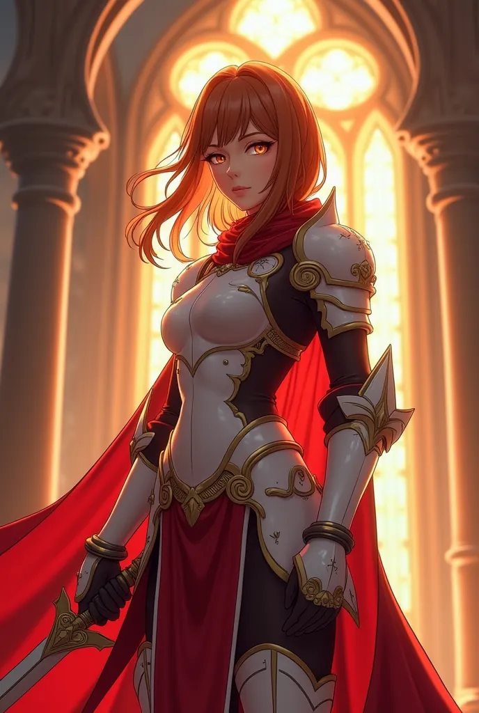 "4K anime style quality, digital drawing mode, a beautiful chestnut-haired swordswoman with amber eyes, wearing the signature red and white knight armor, standing in a glowing cathedral within Aincrad, the moonlight shining through stained-glass windows, f...