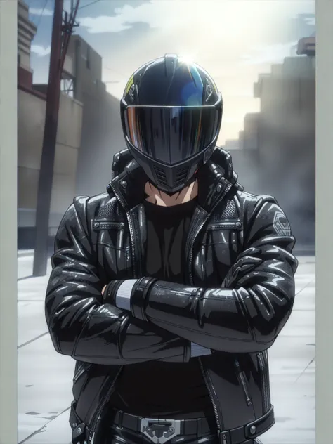 (masterpiece, best quality, anime, anime coloring:1.3, superhigh res). (((biker, muscular, in a large closed mirror AGV K-5 S MULTI , in a T-shirt, leather pants,  Mirrored Helmet, an unbuttoned black motorcycle jacket ,  stands with his arms crossed ,  lo...