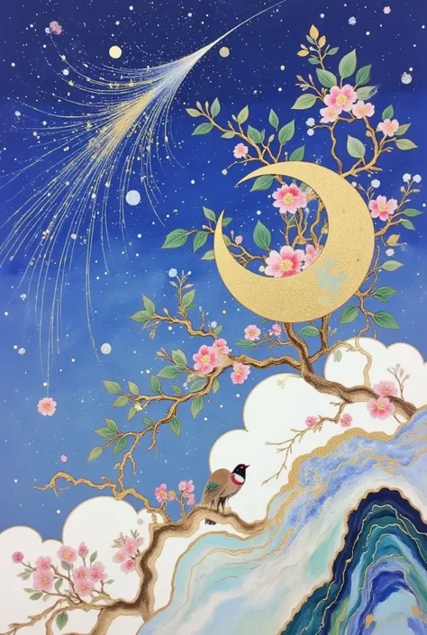 acrylic paint \(medium\),artist name,bird,blue sky,cloud,constellation,crescent moon,fish,flower,leaf,moon,night,night sky,outdoors,painting \(medium\),pink flower,planet,profile,shooting star,signature,simple background,sky,space,star \(sky\),starry sky,t...