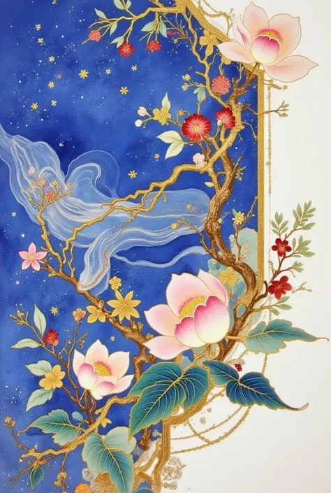 acrylic paint \(medium\),artist name,bird,blue sky,cloud,constellation,crescent moon,fish,flower,leaf,moon,night,night sky,outdoors,painting \(medium\),pink flower,planet,profile,shooting star,signature,simple background,sky,space,star \(sky\),starry sky,t...