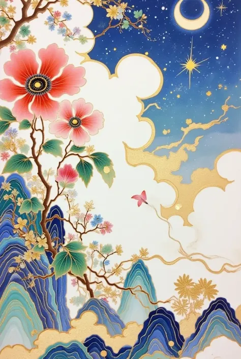 acrylic paint \(medium\),artist name,bird,blue sky,cloud,constellation,crescent moon,fish,flower,leaf,moon,night,night sky,outdoors,painting \(medium\),pink flower,planet,profile,shooting star,signature,simple background,sky,space,star \(sky\),starry sky,t...