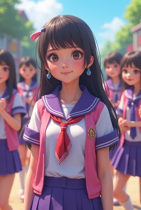 An Asian female in a purple, pink and white school uniform and other students behind her all happy