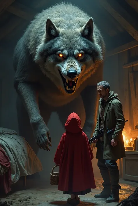 Next to the bed, The ferocious wolf is looking at the hunter and the Little Red Riding Hood. 