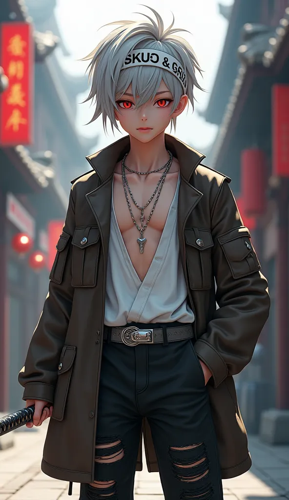 Gothic style, 3D anime style,  boy, silver hair, red eyes, white headband with black Gothic text,full body， cold expression, loosened white shirt, three silver long necklaces, half of the shirt tucked into pants, silver belt, black trousers with ripped hol...