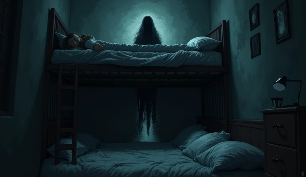 A bedroom scene where the protagonist wakes in terror—frozen in place on the top bunk, with a shadow figure looming over the bottom bunk in a menacing pose.