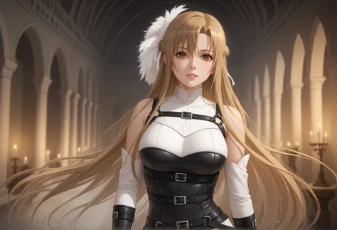 ((masterpiece, Highest quality, Best image quality, High resolution, Realistic, RAW Photos, 8k, Highly detailed CG synthesis 8k wallpaper)), (A stunning and artistic depiction of Asuna Yuuki from Sword Art Online, wearing a stylish and daring BDSM-inspired...