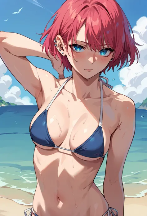 score_9, score_8_up, score_7_up, score_6_up, source_anime, rating_explicit, 1girl, solo,red hair, blue eyes, short hair, pink hair, ear piercing,((bikini))
