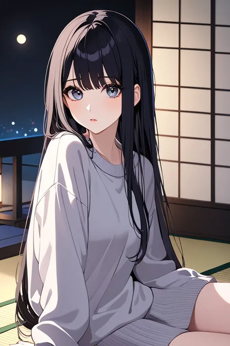 solo. Highest quality, masterpiece High resolution masterpiece ,Black hair, (long hair), straight hair, Grey Eyes, sweater, big eyes, cute, tsurime, slant eyes, Sophistecated, porcelain skin, pale skin, room with tatami, midnight background,