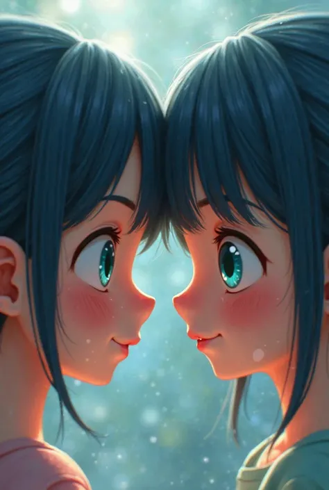 Animated twins, one with long hair tied in a ponytail with straight blue-black bangs and the other with short hair with straight bangs and bluish black hair, droopy turquoise eyes 