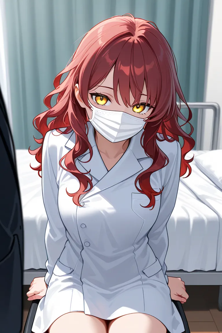 {{1girl)}}, red wavy hair, yellow eyes, white mask, doctor, bedroom, sitting