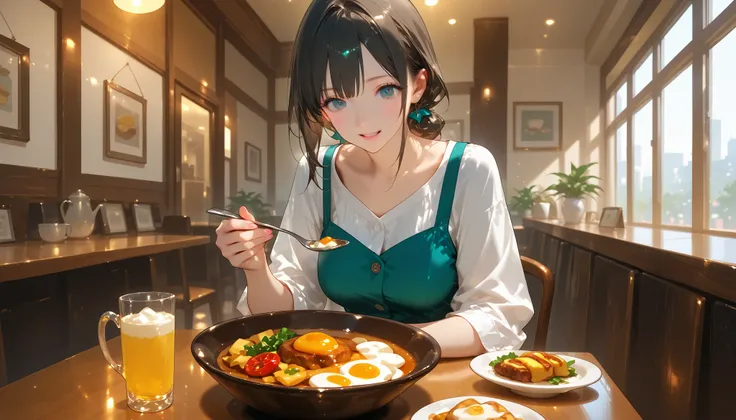 A gorgeous woman having a breakfast at the restaurant, high quality, detailed, 4k resolution
