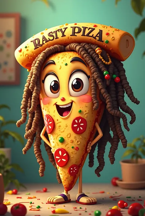 Funny pizza with dreadlocks that say rasty pizza in the picture