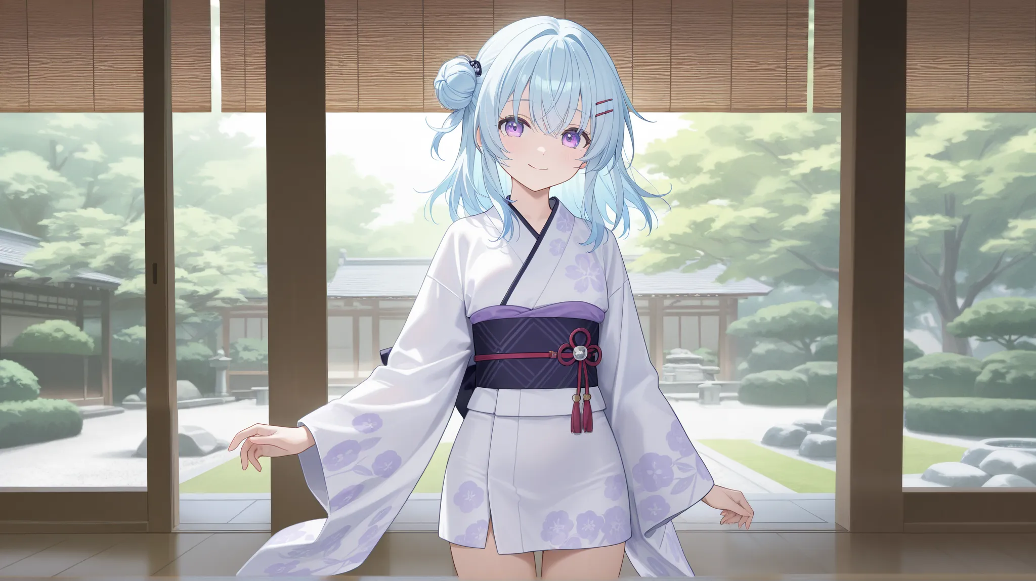  one girl,Mini Yukata,smile, light blue hair,highly saturated purple eyes, medium hair,single side bun, hairpin, high res, Japanese Garden,Multiple circles are drawn on the gravel, cowboy shot, Japanese illustration style, masterpiece, best quality