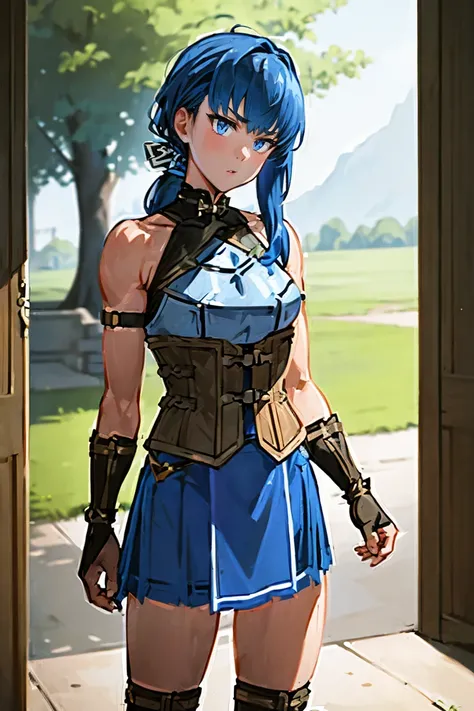 ((((((iron breastplate)))))), (((no-connected two corsets in blue cloth, wide-set two corsets between blue cloth:1.3))), (((BLUE SKIRT, two white line skirt:1.3))), incredibly absurdres, Masterpiece by famous artist, top quality, super fine illustration, h...