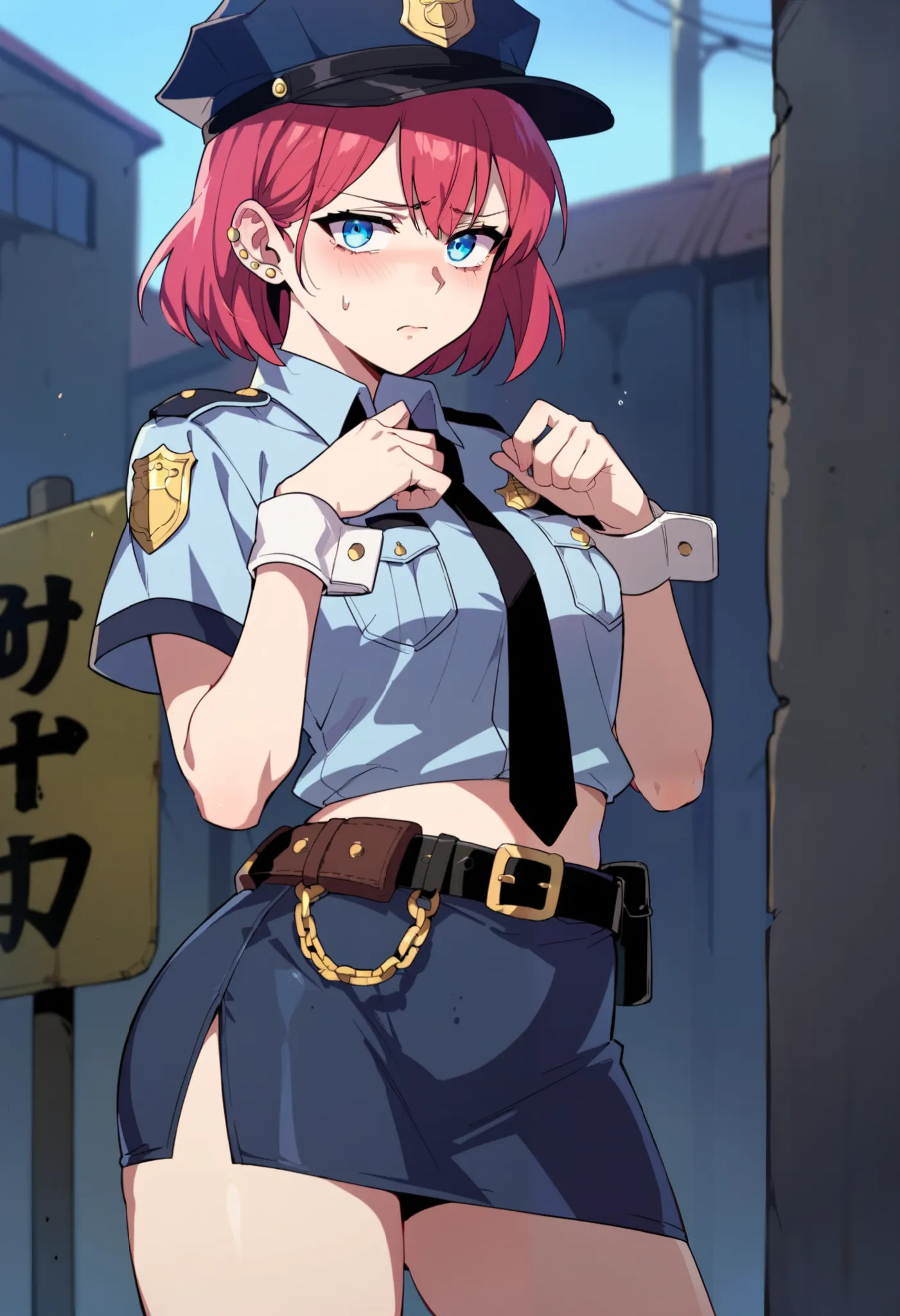 score_9, score_8_up, score_7_up, score_6_up, source_anime, rating_explicit, 1girl, solo,red hair, blue eyes, short hair, pink hair, ear piercing,police uniform,police hat,mini skirt,belt,cuffs,cuffed,clavage,embarrased,looking at viewer