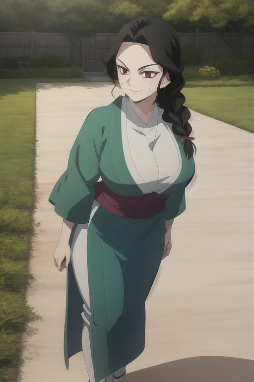 masterpiece, high quality, highres, 1girl, solo, nsfw, kimetsu no yaiba style, anime coloring, braid, long hair, hair on shoulder, black hair, mole under eye, red eyes, outdoors, garden, stone path, sun, smile, large breasts, serious, hourglass figure,big ...