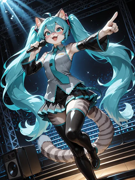 , Masterpiece, best quality, absurd res, anthro, katXL, countershading, adult female, Anthro furry feline, blue eyes, grey striped fur, :3, snout, cheek fluff, pink nose, whiskers, miku hatsune, ahoge, aqua eyes, aqua hair, crossed bangs, hair between eye...