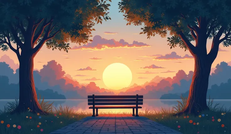 Here’s a prompt for the background image of the scene where Neo is telling his story:

**Prompt:**

"Create a serene 2D vector art background of a peaceful park during sunset. The sky is a mix of warm orange and cool blue tones, with soft clouds drifting b...