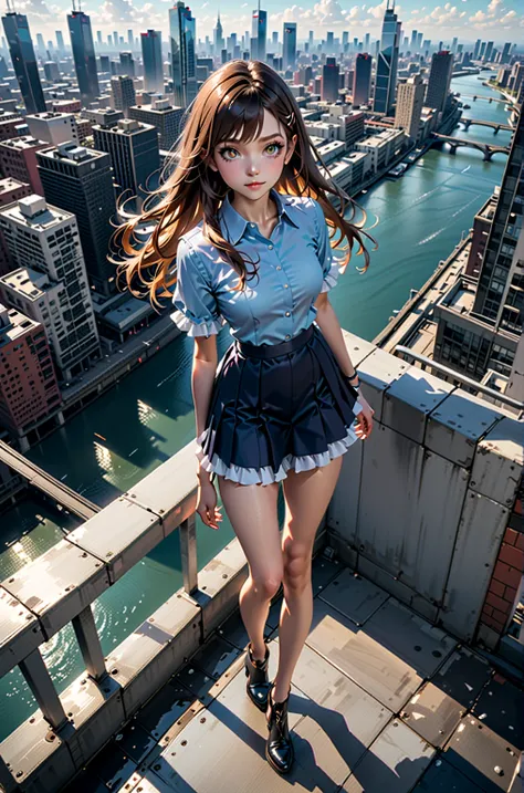 young woman, medium breasts, at rooftop, skyscraper and river background, BREAK, {forehead, dark reddish-brown hair, long hair, hairclip}, BREAK, (light pastel-blue short puff sleeves shirt, crop collared shirt ),  navy-blue pencil mini skirt (+ruffle hem)...