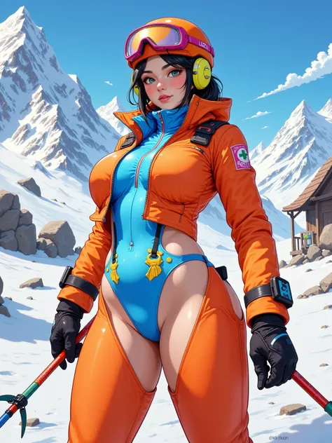 A 23yo mixed-race model wearing fluorescent orange racing ski suit (Gore-Tex with reflective strips) reveals neon-blue liquid-metal bikini through laser-cut openings at waist and thighs. Captured mid-carve on 50° icefall slope, carbon fiber poles sparking ...