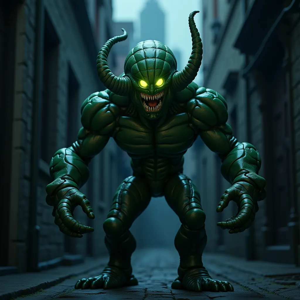 hyperrealistic 8k image of Cell (first form) from Dragon Ball Z, standing menacingly in a dark alleyway. His chitinous exoskeleton gleams in the dim light, and his bio-organic form is both terrifying and beautiful. His eyes glow with malevolent intelligenc...