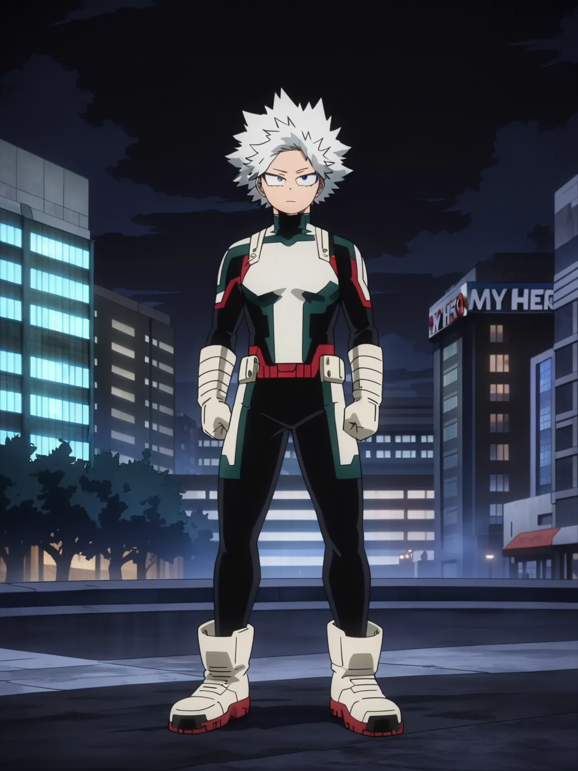 (masterpiece, best quality, anime, anime coloring:1.3, superhigh res). (((my hero academia, male body, white hair with black, full body))). Big city avenue background, nighttime, Colorfull.

My Hero Academia character, MHA style, anime style, my hero acade...