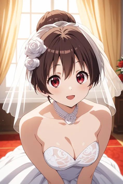 masterpiece,best quality,{{detailed beautiful face and eyes}}, very detailed background,
Kumin Tsuyuri,{{{megami magazine}}},short hair,brown hair,hair between eyes,red eyes,medium breasts,
1girl,hairstyle: (wedding bun:1.2)
Outfit: (wedding dress,intricat...