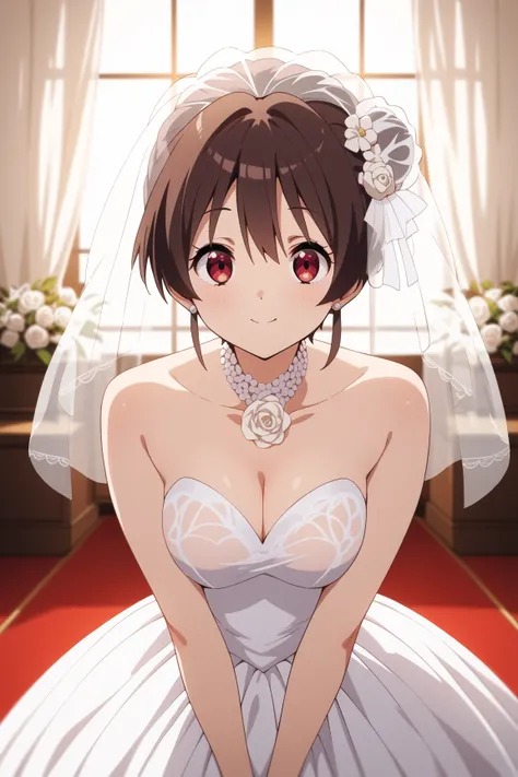 masterpiece,best quality,{{detailed beautiful face and eyes}}, very detailed background,
Kumin Tsuyuri,{{{megami magazine}}},short hair,brown hair,hair between eyes,red eyes,medium breasts,
1girl,hairstyle: (wedding bun:1.2)
Outfit: (wedding dress,intricat...