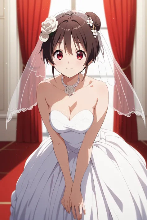 masterpiece,best quality,{{detailed beautiful face and eyes}}, very detailed background,
Kumin Tsuyuri,{{{megami magazine}}},short hair,brown hair,hair between eyes,red eyes,medium breasts,
1girl,hairstyle: (wedding bun:1.2)
Outfit: (wedding dress,intricat...