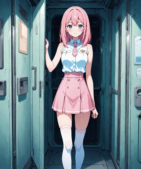 very beautiful & cute anime girl with long pink hair & blue eyes, wearing a pink skirt & a white sleeveless seifuku shirt, white knee-high socks, inside of a dark futuristic military corridor, 1girl, solo