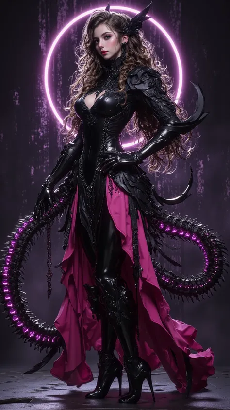  A mature beautiful woman ， Wearing the finest ， Extremely detailed CG animation ， wearing a charming premium black pink witch armor， Feather costume ， Dramatic costume ，Black Armor， Intricate curled hair ， rotating eyes :2.3， purple eyes ， Charming contro...