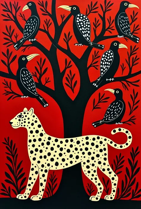 "A vibrant African-style painting featuring a stylized leopard with bold black spots on a cream-colored body, set against a striking red background. The leopard has an elongated, graceful form with intricate dot and line details. Surrounding it is a lush t...