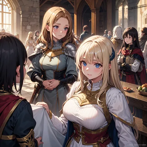 High quality, Ultra detailed, best quality, insanely detailed, beautiful, masterpiece, Vivid colors, Glossy skin, Group of women, Knights, Medieval, Fantasy