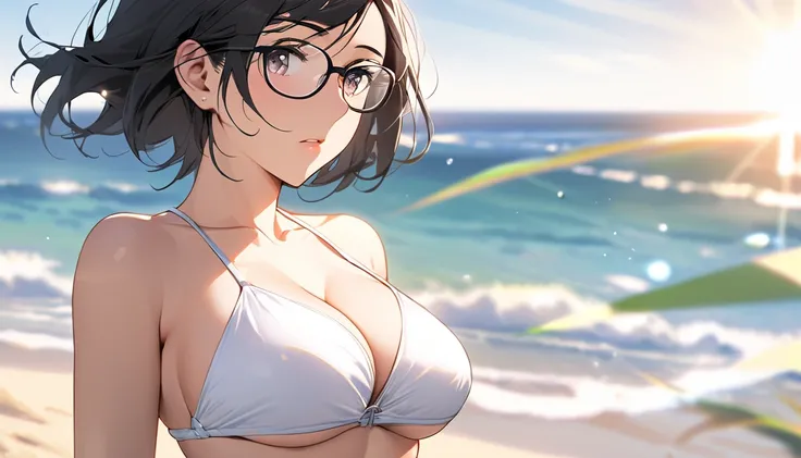 A close-up of a high school girl with short black hair and glasses, wearing a white bikini, standing confidently on the beach at midday. The focus is on her beautifully proportioned figure, with a full and well-shaped bust, slender waist, and smooth skin, ...