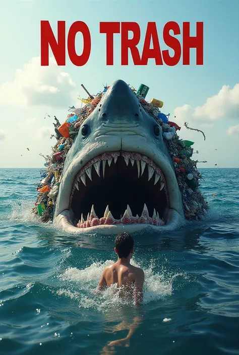 There's a rubbish shark going to eat someone swimming on the surface and there's a big red lettering on top that says No Trash.