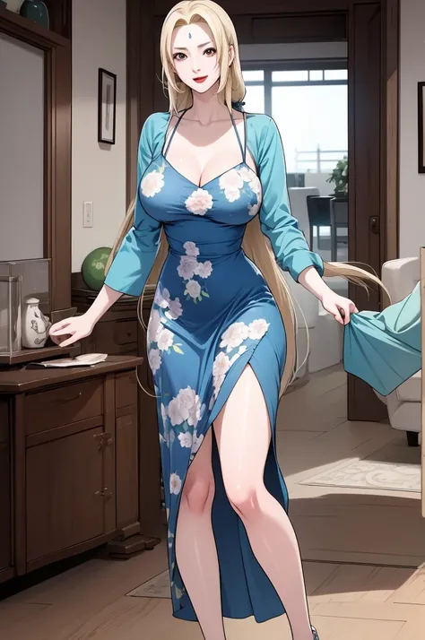 Tsunade Senju, wearing a long foot-length blue floral dress with spaghetti straps and a v-neckline, a cute smile expression, extremely fair white skin, an extremely beautiful face, a perfect busty yet thin curvy body, standing straight. The living room in ...