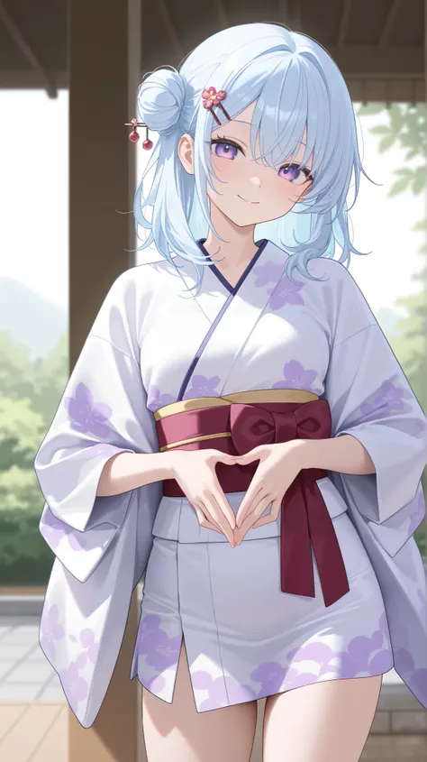  one girl,Mini Yukata,smile, light blue hair,highly saturated purple eyes, medium hair,single side bun, hairpin, high res, Japanese Garden, cowboy shot, Japanese illustration style, masterpiece, best quality