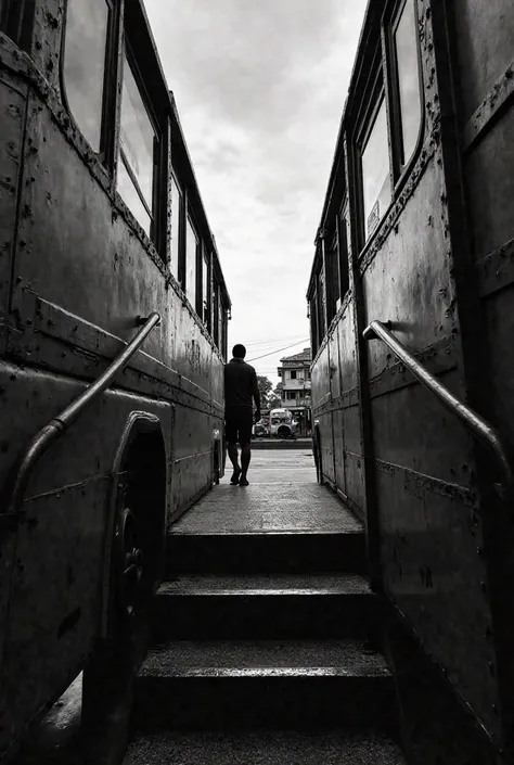 POV view of getting on Thailand's red bus black and white photo